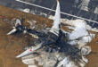 An aerial view shows burnt Japan Airlines' Airbus A350 plane after a collision with a Japan Coast Guard aircraft at Haneda International Airport in Tokyo, Japan January 3, 2024. LivemintUSA