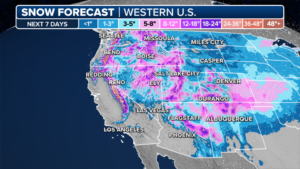 Potential snow totals over the next week in the western U.S.