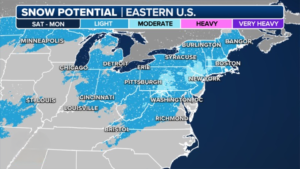 Snow potential between Saturday, Jan. 6, and Monday, Jan. 8, 2024.